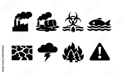 Environmental hazards: pollution smoke, oil spill, contaminated water, dead fish, cracked earth, storm lightning, wildfire, warning sign.