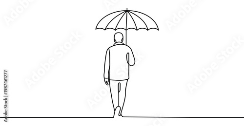 Man and umbrella line art. Walking man with umbrella one continuous line art design png and vector on transparent background