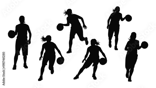 A group of silhouettes depicting women playing basketball actively engaged in the sport
