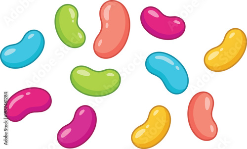 A collection of colorful jelly beans scattered across a white background, showcasing a variety of vibrant hues and playful shapes
