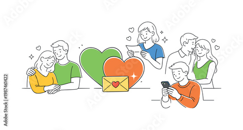 Valentines Day romantic scenario where couples and individuals share meaningful moments and celebrate relationships, represented by a minimal composition of two