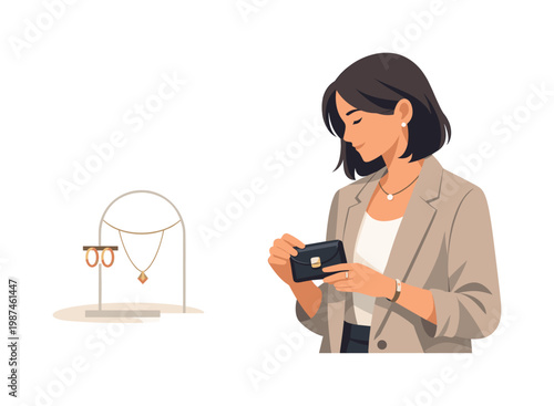 A lifestyle moment focused on personal identity and subtle fashion elements, depicted as a person holding a small accessory item while standing beside a minimal jewelry