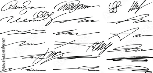 Collection of various abstract signatures and handwritten scribbles in black ink on a white background