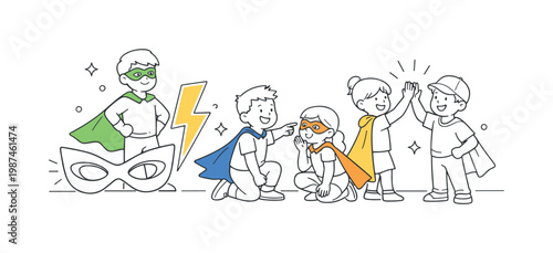 A childhood activity context where kids pretend to be superheroes and collaborate during imaginative play, illustrated by a small group gathered near a simple mask and