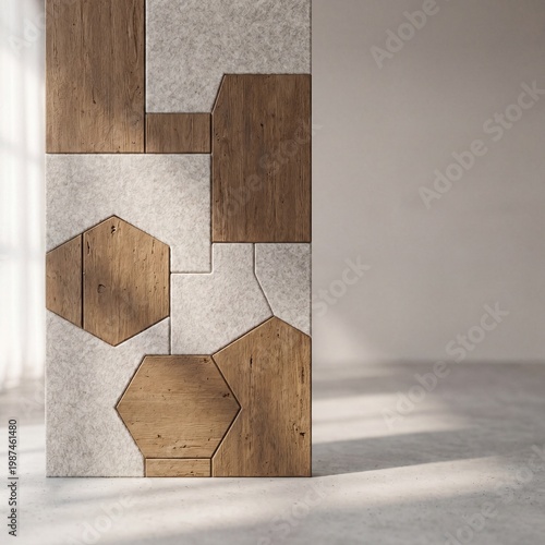 Contemporary architectural partition featuring a puzzle of wooden hexagons and textured gray panels standing in a bright minimalist room with soft sunlight and shadows on the floor