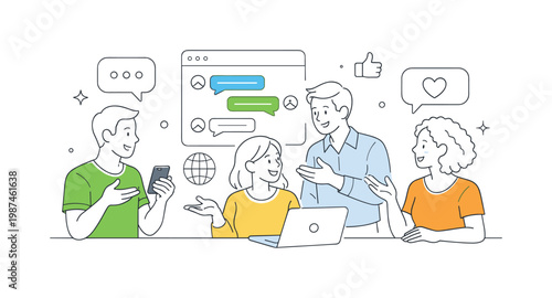 Community interaction and shared discussion in an online platform where people participate in conversations and exchange opinions, illustrated by a group interacting with