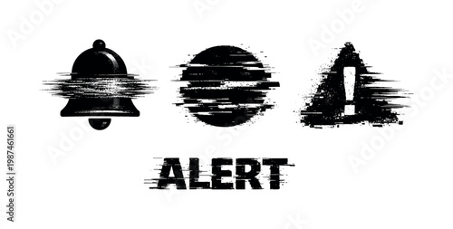 Digital alert and notification system theme, a set of 3 glitch-distorted monochrome objects placed on a perfectly clean white background, each object exhibiting its own