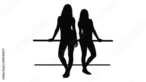 Silhouettes of two women leaning against a bar depicted in a stark black and white style