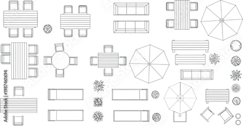 Top view vector illustration of outdoor patio furniture set including tables chairs umbrellas sofas and garden plants for architectural landscape design