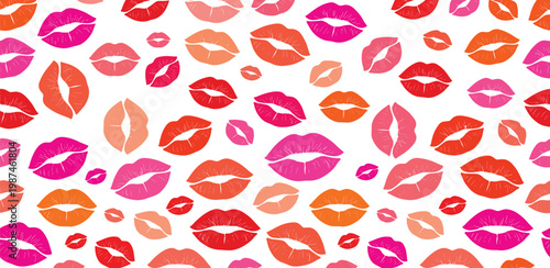 Vibrant seamless pattern showcasing a playful array of colorful lip prints in shades of pink, red, and orange, perfect for trendy fashion, beauty, and romantic-themed designs