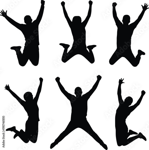 Six black silhouettes of people jumping in the air with arms raised in celebration on white background
