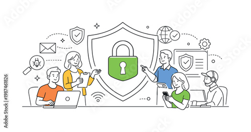 A digital security awareness scenario where a team protects sensitive information and maintains safe online practices, built around a visual metaphor of a secure lock