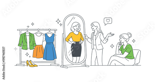 Professional styling consultation where a stylist helps a client refine wardrobe and appearance choices, visualized through a mirror and a selection of outfits as the