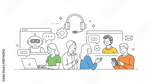 Customer support and service automation in a business context where chatbots assist users and handle inquiries efficiently, visualized through two or three elements like