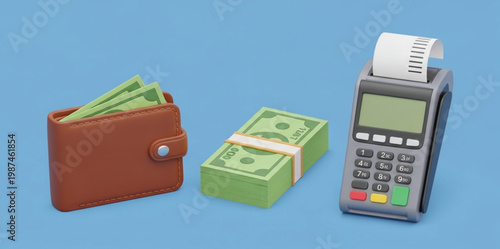 3D Illustration Set Featuring a Brown Wallet with Cash Stack of Banknotes and POS Terminal for Finance Retail Business Payments and Monetary Transactions Concept