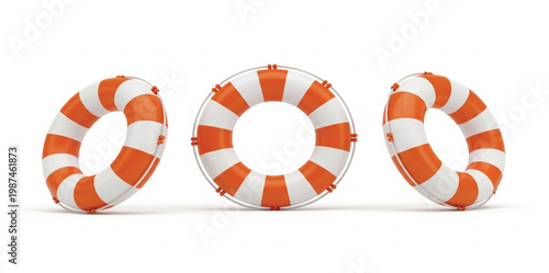 Three orange and white striped lifebuoys isolated on white background for marine safety maritime rescue emergency help customer support and aquatic survival equipment design concepts