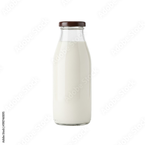 Glass bottle filled with fresh white milk isolated on a transparent background