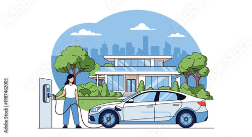 Flat style vector illustration of a woman charging an electric car at home station, highlighting clean transportation, green energy use, and modern eco-friendly lifestyle choices
