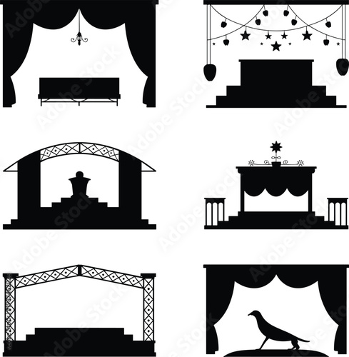 Theatrical stage silhouettes with curtains and decorative elements