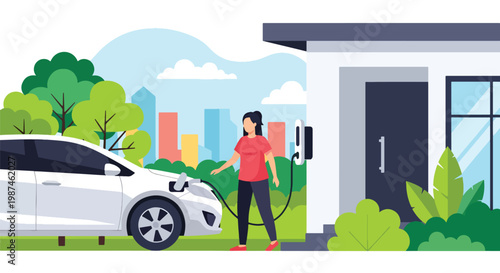 Flat style vector illustration of a woman charging an electric car at home station, highlighting clean transportation, green energy use, and modern eco-friendly lifestyle choices