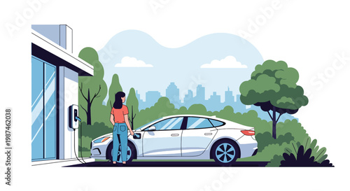 Flat style vector illustration of a woman charging an electric car at home station, highlighting clean transportation, green energy use, and modern eco-friendly lifestyle choices