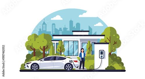 Flat style vector illustration of a woman charging an electric car at home station, highlighting clean transportation, green energy use, and modern eco-friendly lifestyle choices