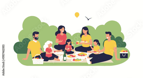 Happy family and friends having a picnic in a park