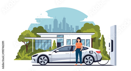 Flat style vector illustration of a woman charging an electric car at home station, highlighting clean transportation, green energy use, and modern eco-friendly lifestyle choices