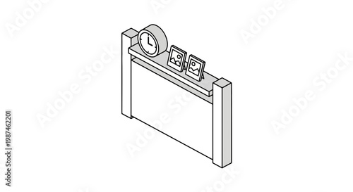 Isometric Line Art Mantelpiece with Clock and Frames
