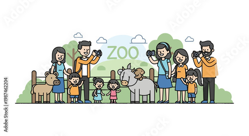 Families and Kids Visiting Zoo Park Vector Illustration