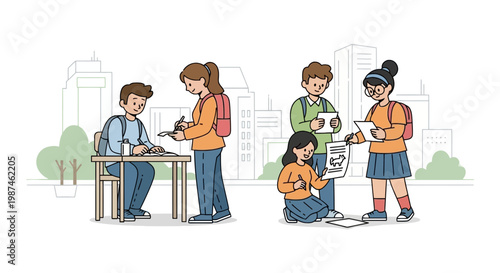 Group of diverse students studying together outdoors vector illustration