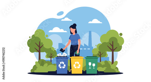 Flat style vector illustration of people sorting waste into recycling bins in a city park, promoting environmental awareness, waste management, and sustainable urban lifestyle
