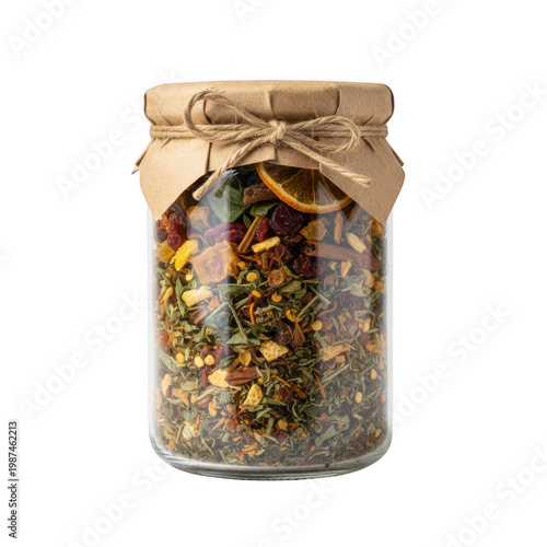 Glass jar filled with dried herbal tea blend isolated on a transparent background
