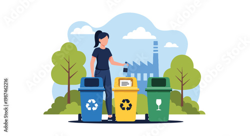 Flat style vector illustration of people sorting waste into recycling bins in a city park, promoting environmental awareness, waste management, and sustainable urban lifestyle