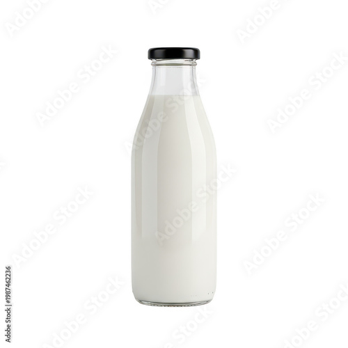Glass milk bottle with black cap isolated on a transparent background