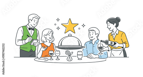 An upscale dining experience where restaurant staff provide attentive service to guests, illustrated by a small group interacting near a simple serving tray and star