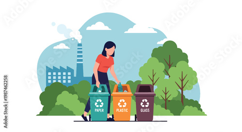 Flat style vector illustration of people sorting waste into recycling bins in a city park, promoting environmental awareness, waste management, and sustainable urban lifestyle