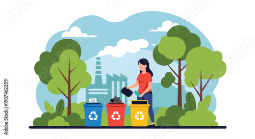 Flat style vector illustration of people sorting waste into recycling bins in a city park, promoting environmental awareness, waste management, and sustainable urban lifestyle