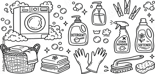 Hand-drawn doodle set of laundry essentials washing machine, detergents, fabric softener, clothes baskets, and cleaning tools for household chores