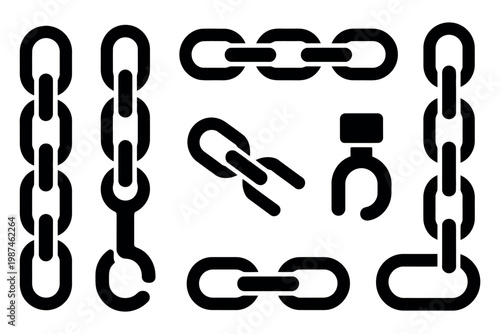Collection of black vector icons depicting various forms of metal chains and individual chain links with a hook.