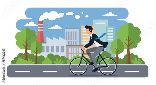 Flat style vector illustration of a man riding a bicycle through a modern city street, representing sustainable transport, healthy lifestyle, and reduced carbon footprint