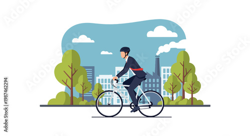 Flat style vector illustration of a man riding a bicycle through a modern city street, representing sustainable transport, healthy lifestyle, and reduced carbon footprint