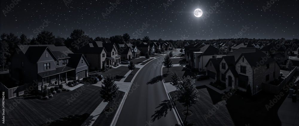 Fototapeta premium Dark suburban neighborhood street illuminated by a full moon during a blackout. Residential houses without electricity under a starry night sky. Power outage in a quiet suburb