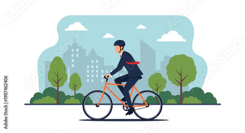 Flat style vector illustration of a man riding a bicycle through a modern city street, representing sustainable transport, healthy lifestyle, and reduced carbon footprint