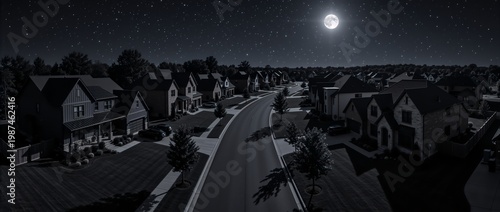 Dark suburban neighborhood street illuminated by a full moon during a blackout. Residential houses without electricity under a starry night sky. Power outage in a quiet suburb