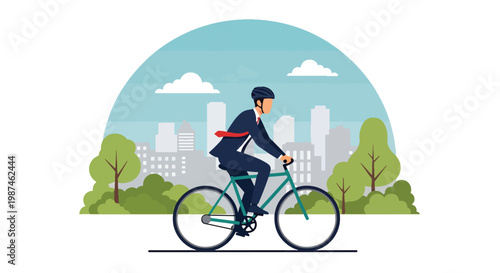 Flat style vector illustration of a man riding a bicycle through a modern city street, representing sustainable transport, healthy lifestyle, and reduced carbon footprint