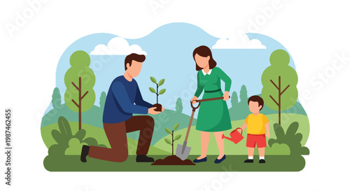 Flat style vector illustration of a family planting trees in a green park, symbolizing environmental protection, sustainability, and eco-friendly lifestyle for future generations