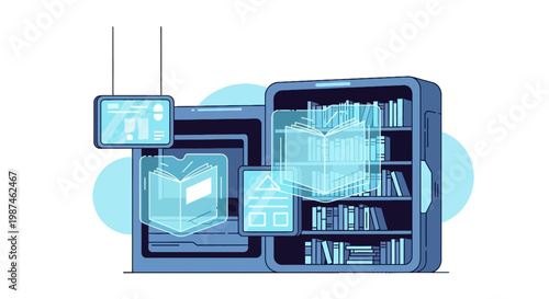 Modern Digital Library Vector with Glowing E-book Icons