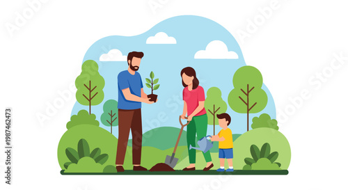 Flat style vector illustration of a family planting trees in a green park, symbolizing environmental protection, sustainability, and eco-friendly lifestyle for future generations