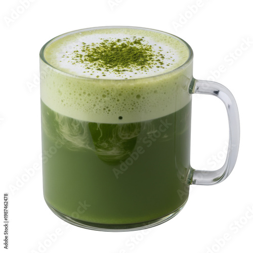 Glass mug filled with frothy matcha green tea latte isolated on a transparent background